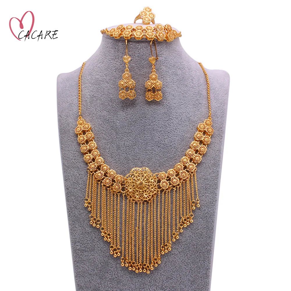 

24K Gold Luxury Jewelry Sets Women Party 2021 Dubai Jewelry Set Drop Earrings Necklace Bracelet Ring Set Statement F1207 CACARE