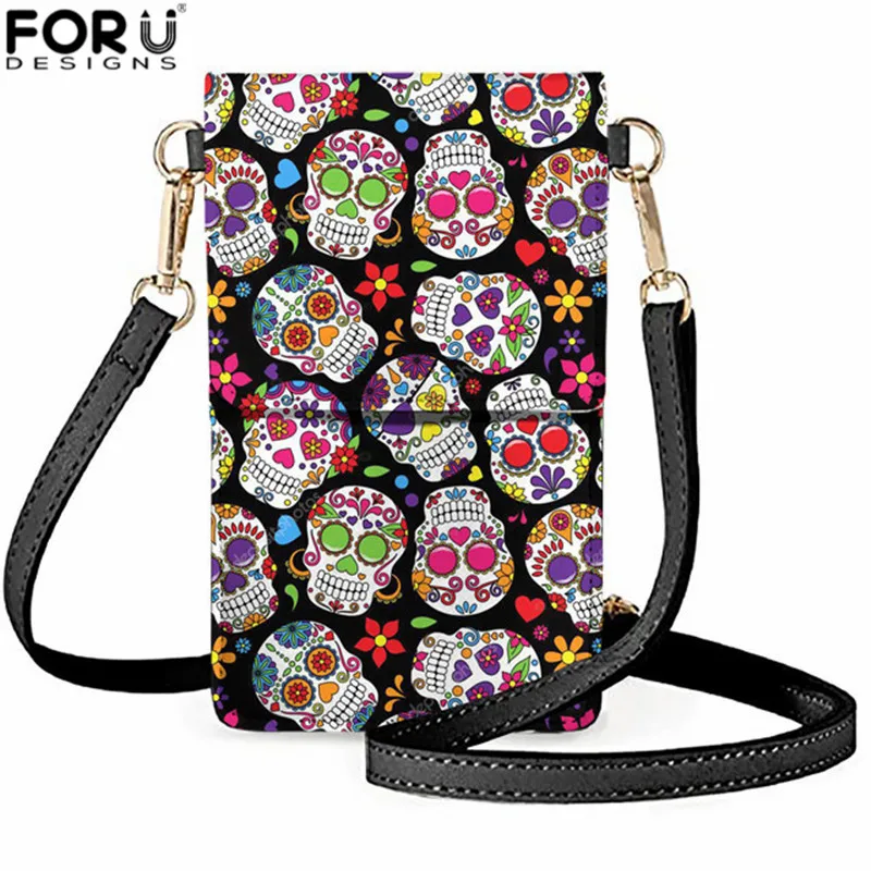 

FORUDESIGNS Lightweight Leather Phone Purse Sugar Skull Print Multifunction Mini Crossbody Bag Ladies Shoulder Phone Bag