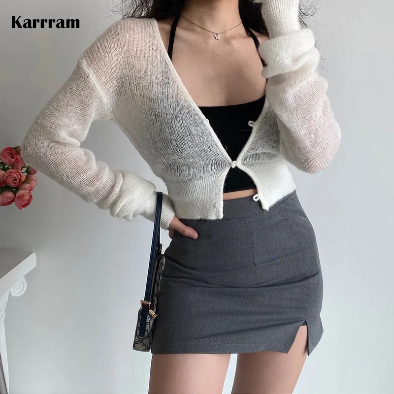 Karrram Sexy See Through Cropped Cardigan Women Thin Hollow Out Knitted Cardigans Long Sleeve V-neck Sweater Crop Tops Korean