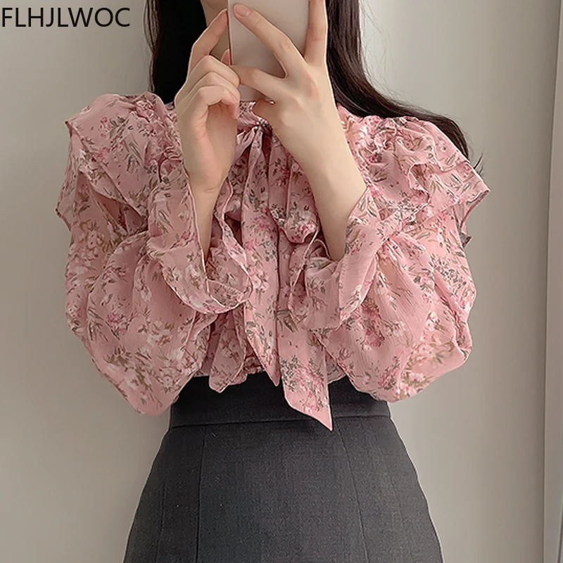 Vintage Solid Shirts Long Sleeve Single Breasted Button Cute Sweet Bow Tie Women Korea Japan Style Ruffled Chic Pink Tops Blusas