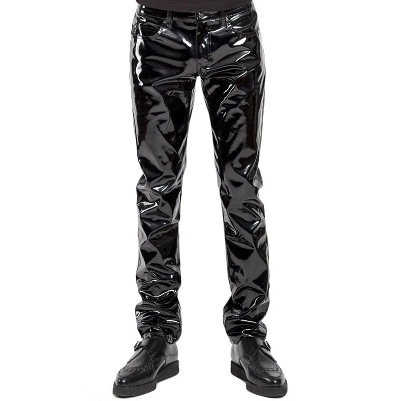 High Waist Faux Leather Vinyl Shiny Zipper Open leather Long trousers for Men Clubwear Costume Tight Pants Leggings Trouser