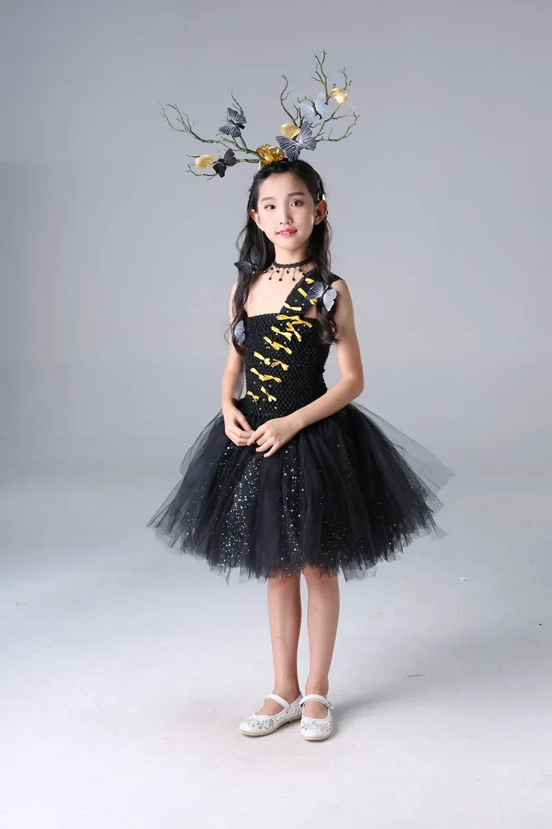 Sparkly Tulle Kids Girls Party Dresses with Train Tulle Chiffon Tulle Toddler Baby Girls Black Flower Tutu Dresses Gold Clothes