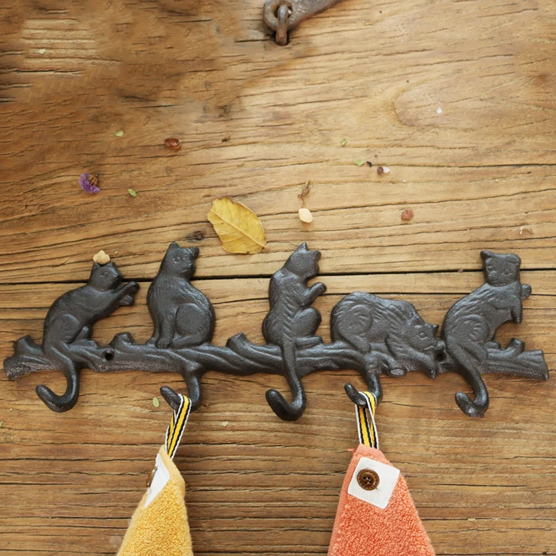 Black Cast Iron Five Cat Tails Hook Rack Animal Keyholder Home Decor Organizer Kitchen Bath Office Hat Bag Coat Towel Storage