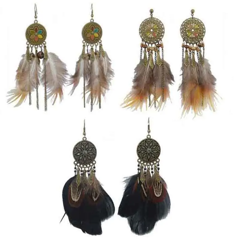 Ethnic Brown Black Feather Drop Earrings for Women Boho Hippie Festival Party Earrings Gypsy Tribal Indian Turk Jewelry Gift