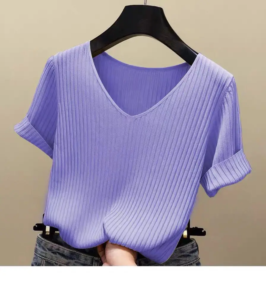 AOSSVIAO 2026 Basic V-Ausschnitt Einfarbiger Dünner Sommer Damen Pullover Weiblicher Dünner Gerippter Strickpullover Schlanker Kurzarm Bodycon Pullover – Detail 9