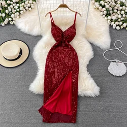 Sexy Party Dress Women Elegant Sequins Glitter Evening Club Dresses Deep V-neck Spaghetti Strap Sleeveless Split Long Maxi Dress