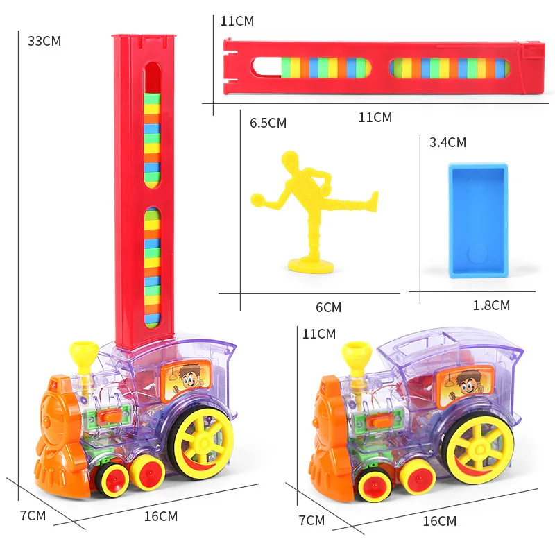 Domino Rally รถไฟไฟฟ้าของเล่นพร้อมไฟและเสียงเด็กของขวัญสีแดงและโปร่งใส Building Blocks ยานพาหนะการศึกษา