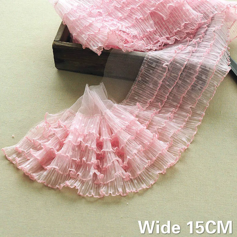 15CM Wide Luxury Five-layer Polka-dot 3d Guipure Voile Lace Fabric Ribbon Ruffle Trim Wedding Dress Fluffy Skirts Sewing Supply