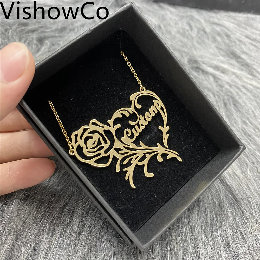 

VishowCo Custom Name Necklace Stainless Steel Gold Choker Personalized Rose Heart Pendant Nameplate Necklace For Women Gifts