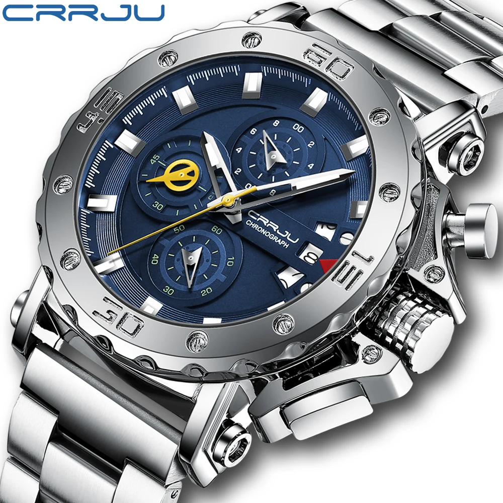 Relogio Masculino CRRJU Sport Chronograph Mens Watches Top Brand Luxury Full Steel Quartz Clock Waterproof Big Dial Watch Men