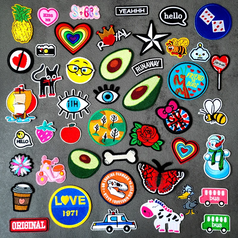 Avocado Cat Bee Eye Dice Iron-On Patches Clothe Embroidery Applique Sewing Supplies Decorative Handmade Badges Cute Bus Heart