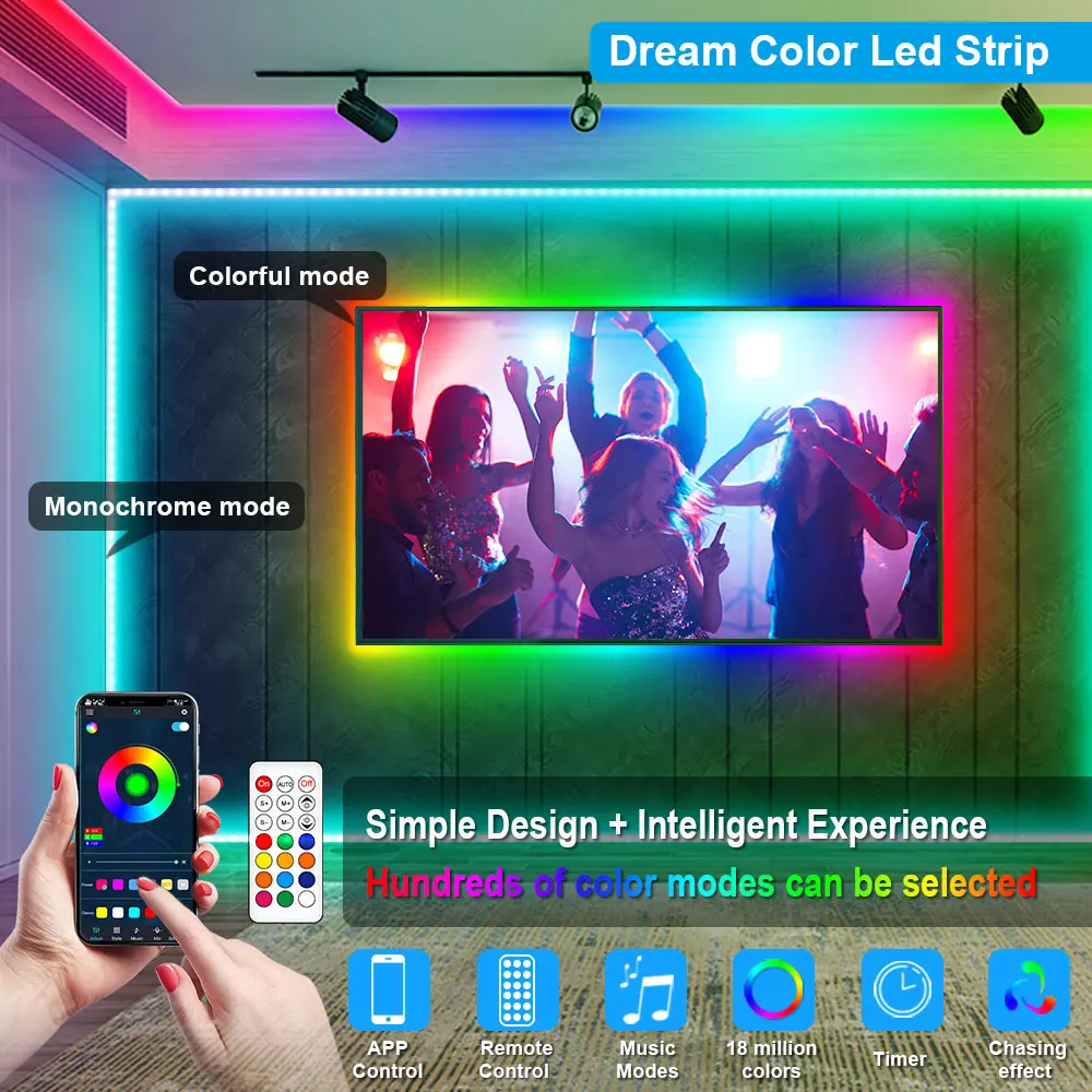 A+ LED Strip Lights RGBIC,Color Changing Rainbow LED Lights, Bluetooth Control,Music Sync，for Home Decoration Christmas