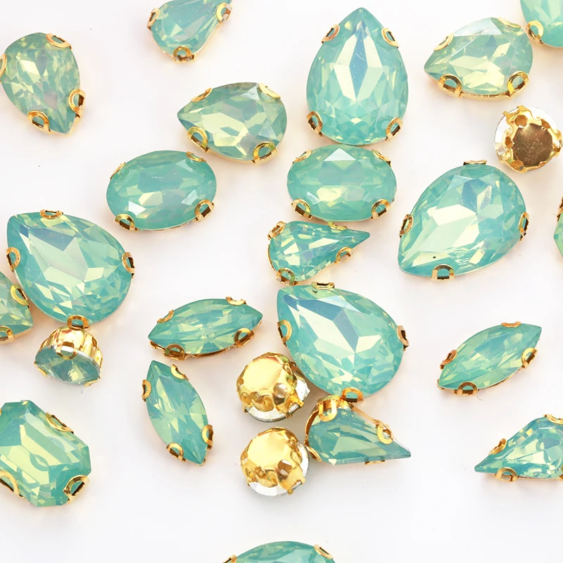 RESEN 50PCS Mix Shapes Green Opal Sew On Stones With Gold Bottom Claw Resin Rhinestones DIY Clothing Accessories