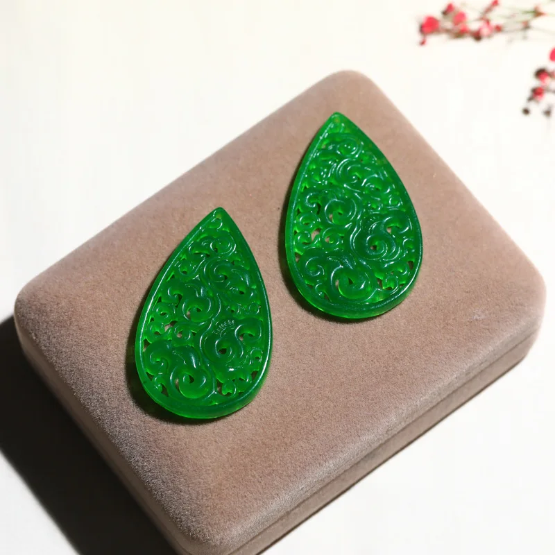 Natural green jadeite hollow out  temperament DIY real jade pendant earring jade accessories septa scattered beads for women