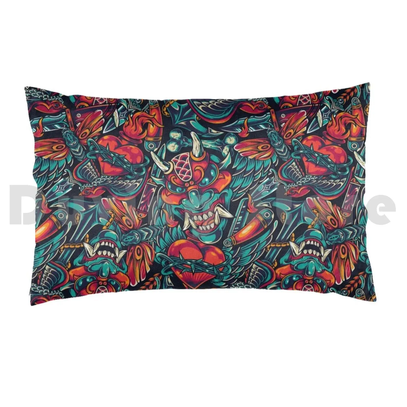 Classic Colourful Tattoo Pattern With Oni Pillow Case DIY 50*70 Traditional Attoo Japanese Demon Oni Bird