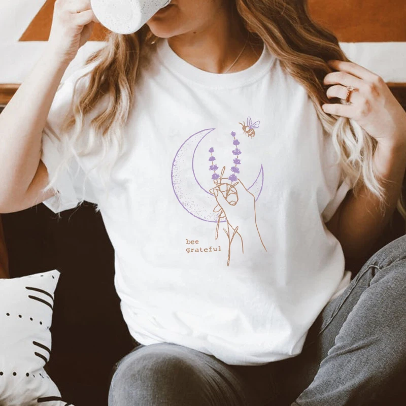 Colored Bee Grateful 100% T-shirt Aesthetic Inspirational Christian Tshirt Vintage Women Short Sleeve Graphic Boho Tops Tees