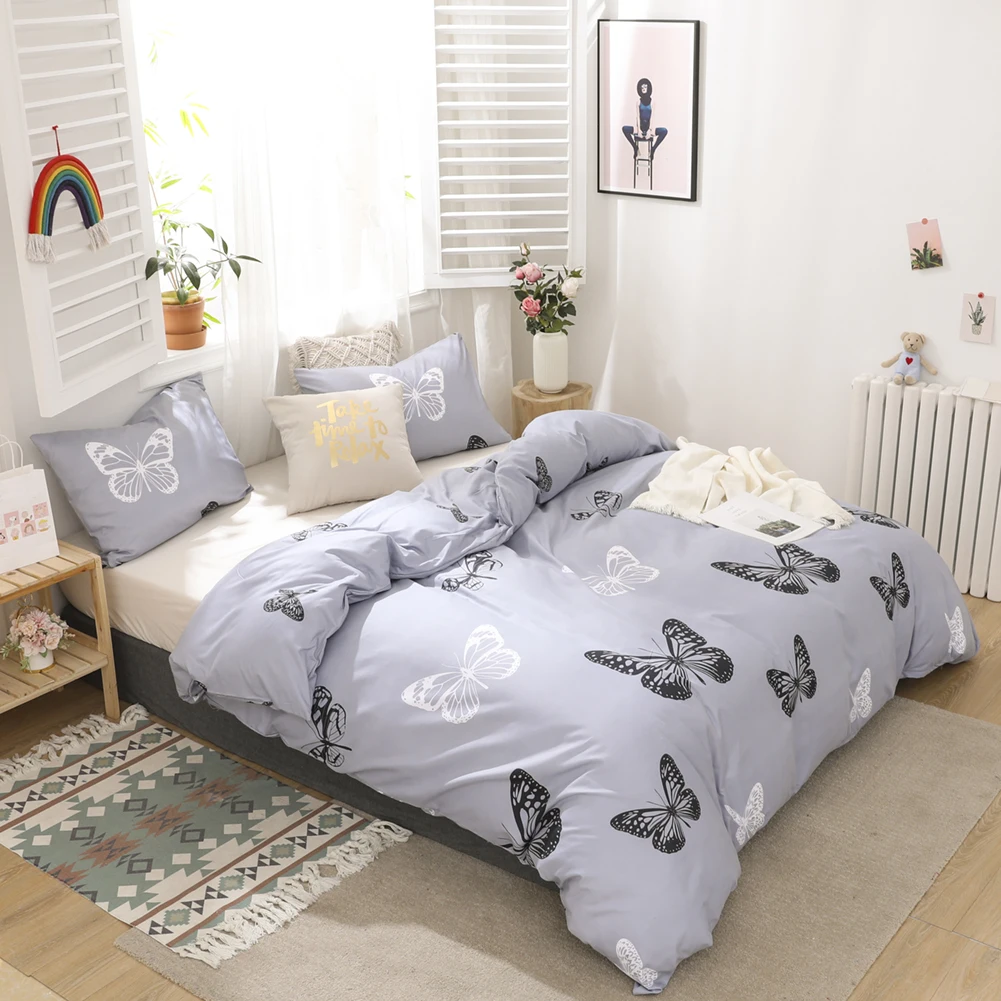 Butterfly Bedding Blue Grey Duvet Cover Set Black White Butterfly Printed Gray Soft Microfiber Bedding  Dropshipers Bedding Sets