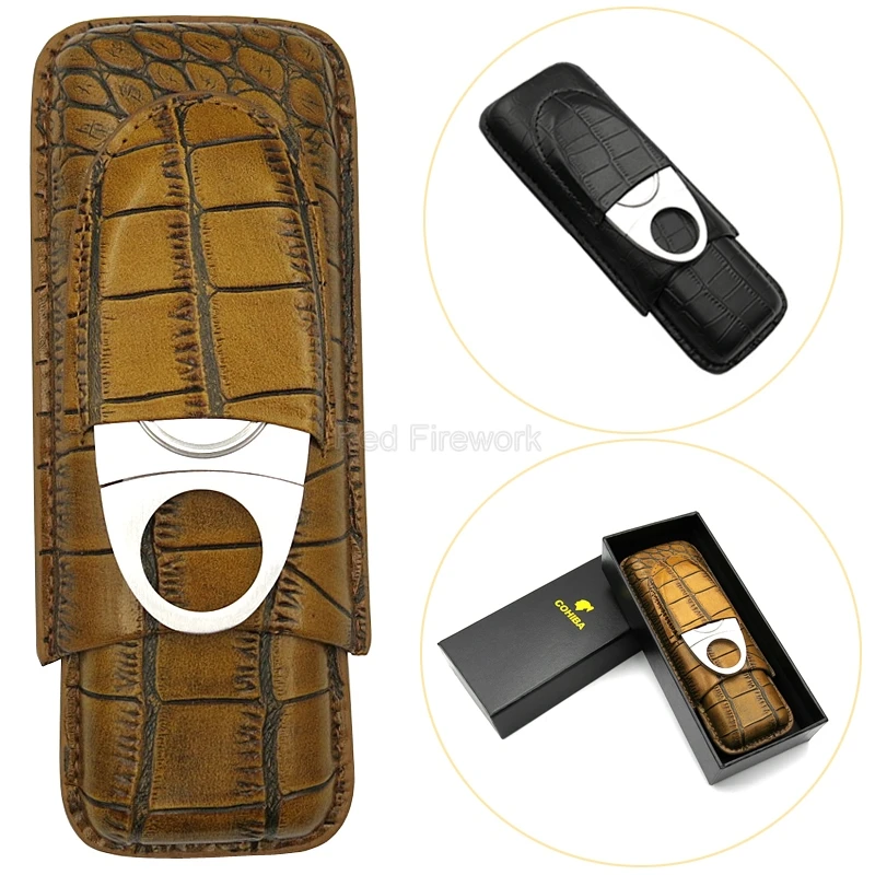 

Elegant 2 Tube Crocodile Pattern Leather Cigar Case Travel Leather Humidor Box W/ Stainless Steel Cigar Cutter