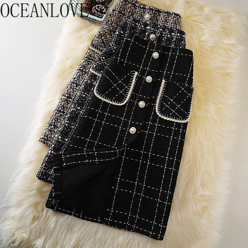 OCEANLOVE Faldas Mujer Plaid Vintage Knee Length Autumn Winter Woolen Vintage Women Skirts Korean Autumn Winter Jupe Femme