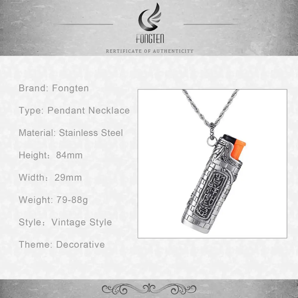 Fongten Cigarette Lighter Pendant Hollow Charm Necklace Stainless Steel Cubic Retro Pendants Necklaces Men Jewelry