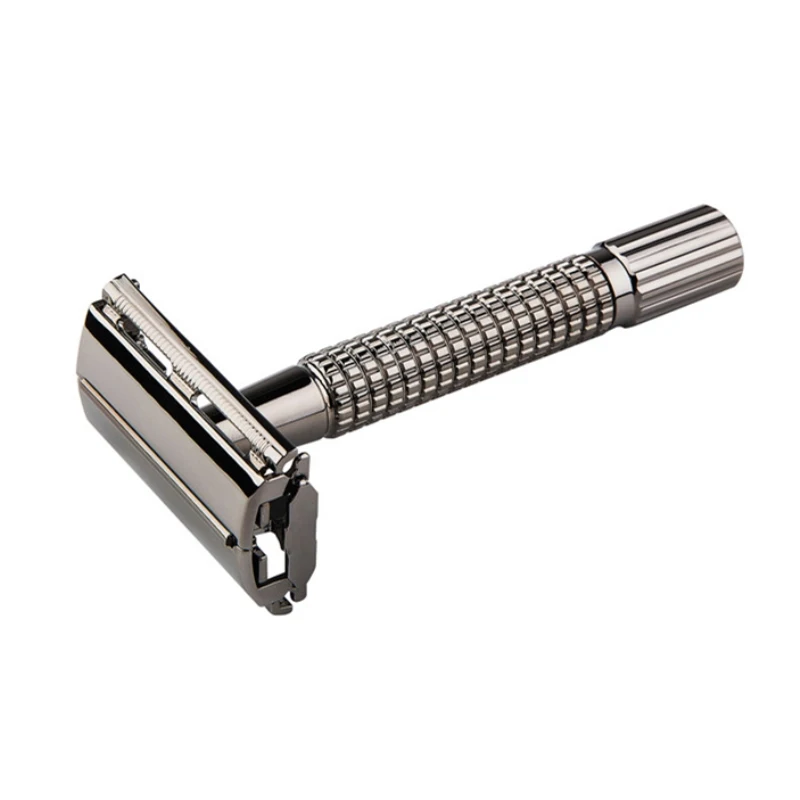 Classic Double Edge Safety Razor Bass Chrome Grid Handle Shaver Butterfly Blade Holder