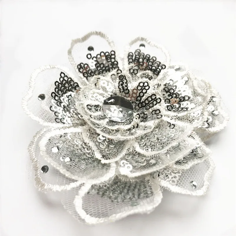 8CM Gold Silver Sequin Embroidered 3D Flower Head Sew On Patch Mesh Multilayer For Wedding Appliques Dress DIY Red Blue Black