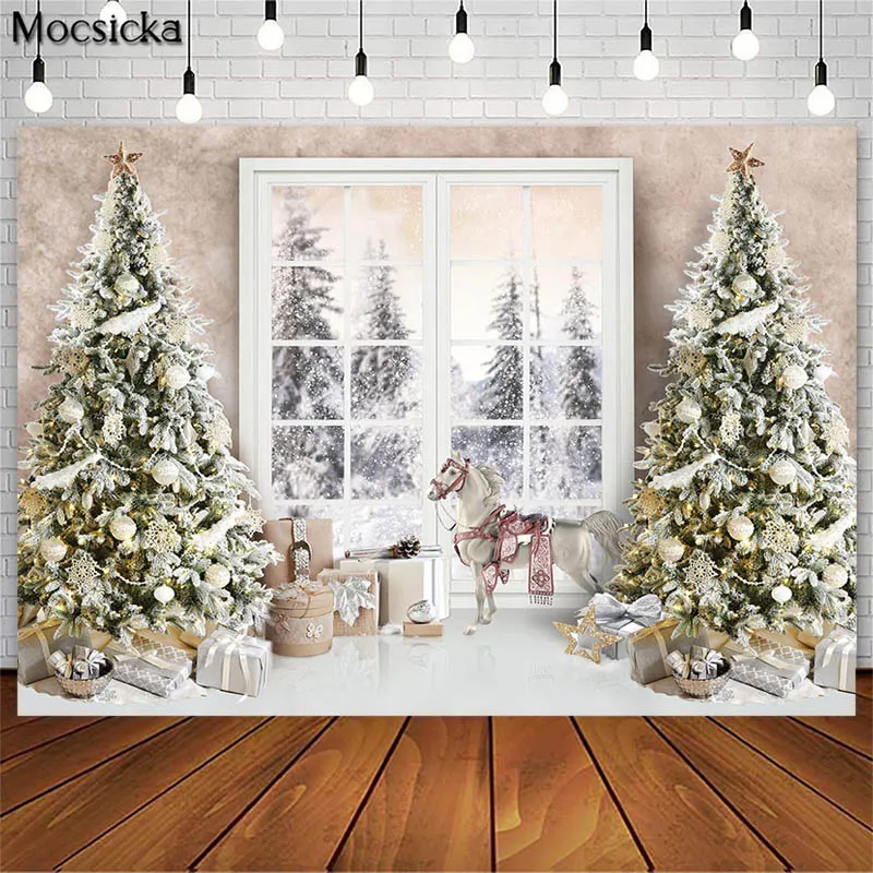 Рождественский фон с окном зимняя снежная фотография Рождественская елка подарок Декор Детский портрет фото реквизит студийный фон