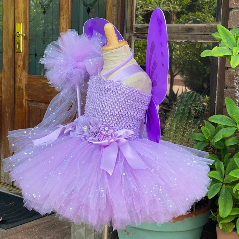 Vestito da fata farfalla viola per ragazze vestito da fiore tutu in Tulle glitterato per bambini con ala e fiocco per capelli abiti da festa per