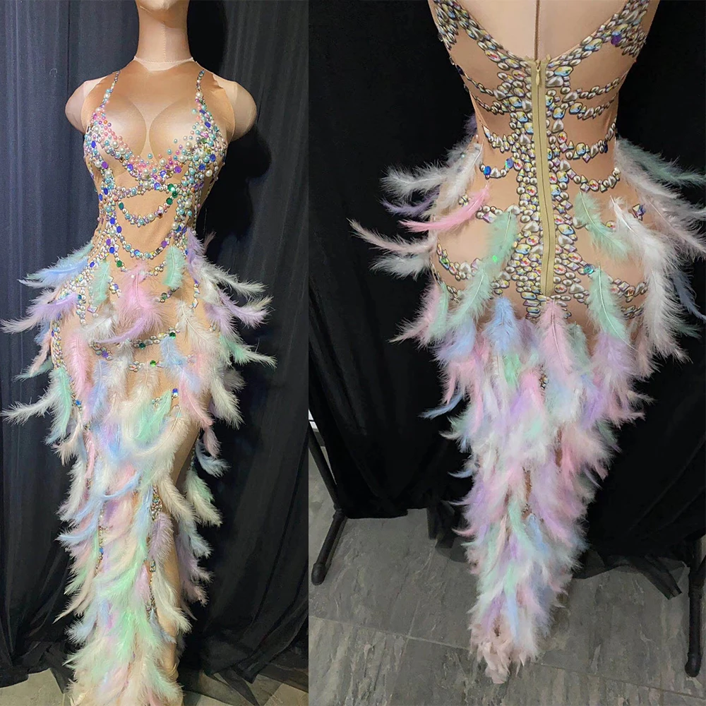 Rhinestones Printing Pearl Decoration Women Dresses Multicolor Feather Sleeveless Stage Wear Lady Performance Suit Bar Show