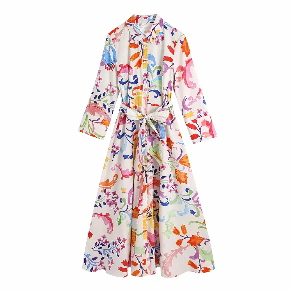 XEASY Summer Women Floral Print Bow Sashes Midi Lapel Dress Female Chic Three Quarter Sleeve Casual Slim Dresses