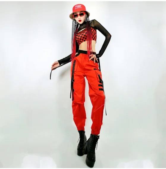 Modern Jazz Dance Costumes Women Red Plaid Vest Hollow Pants Adult Hip Hop Clothes Fashion Gogo Outfits Dj Show Costume