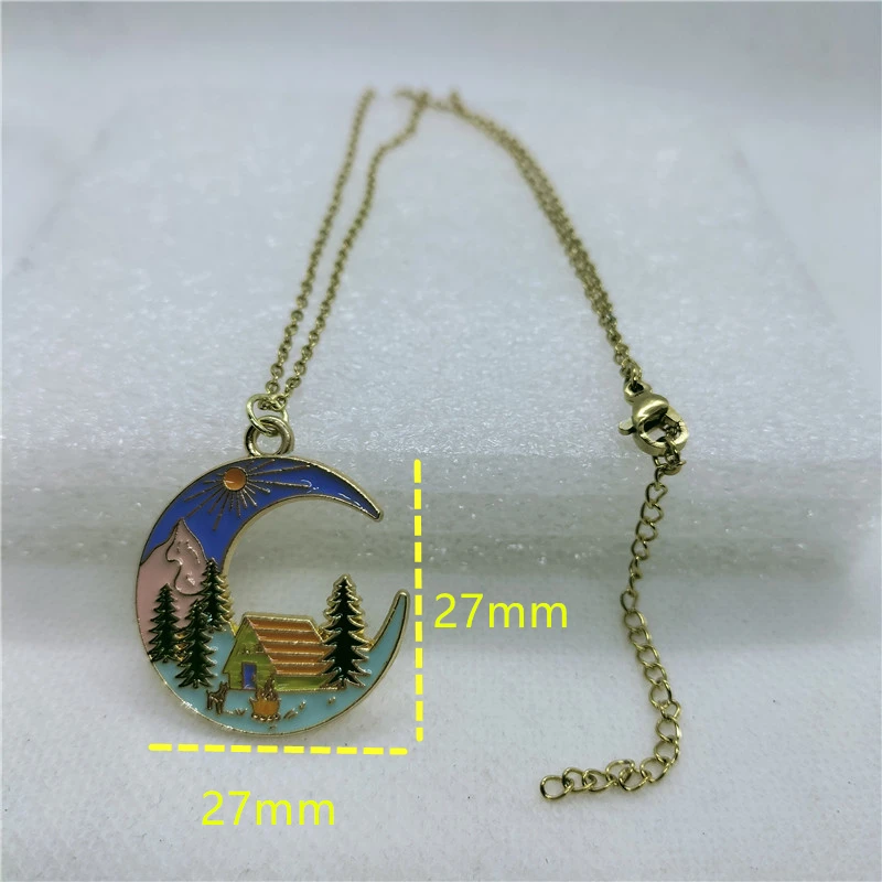 Yungqi Fashion Moon Necklace Enamel Charm Collar Tree Mountain House Landscape Pendant Choker for Women Girl Boho Chain Jewelry