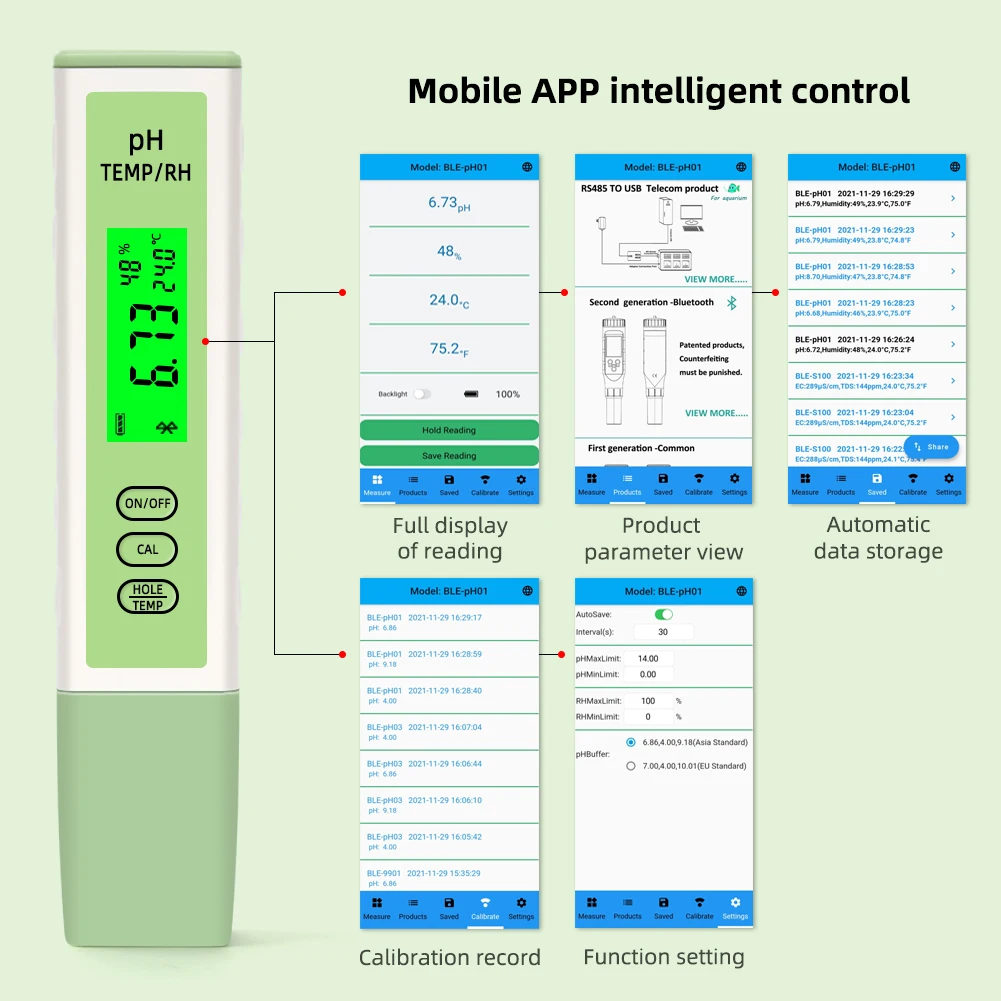 Digital Temperature RH PH Meter Blue Tooth Online Monitor Water Quality Acidity Tester Smart Tool for Drinking Water Aquariums