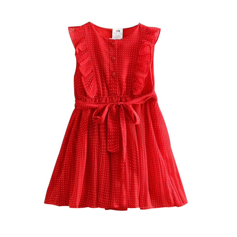 2022 Summer 3 4 5 6 7 8 9 10 12 Years Children Button Dot Belt Sleeveless Red Cotton Lining Chiffon Dress For Kids Baby Girl