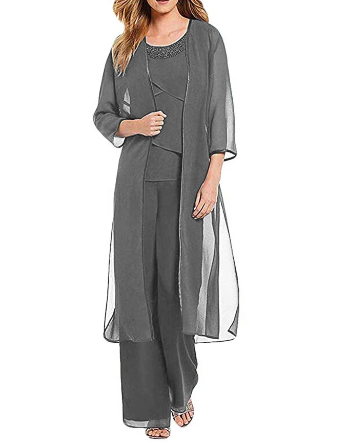 Mutter der Braut Kleid Lange Chiffon Kristall Outfit 3/4 Ärmeln Hose anzug 3 Stück Mit Jacke für Hochzeit Party kleid 2020