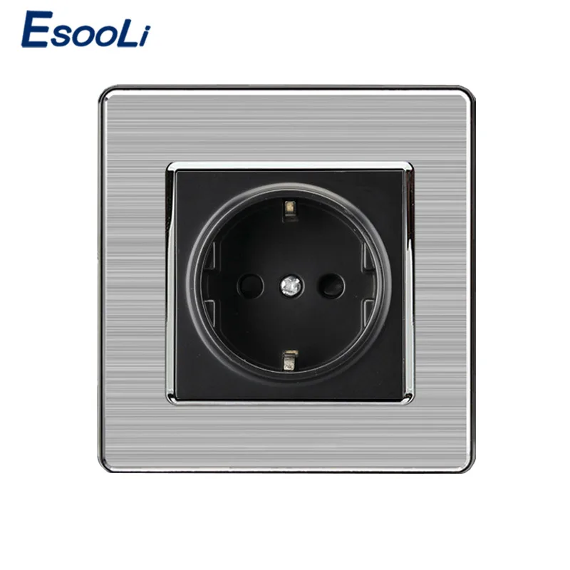 EU Standard Wall Socket Luxury Power Outlet Stainless Steel Brushed Silver Panel Electrical Plug