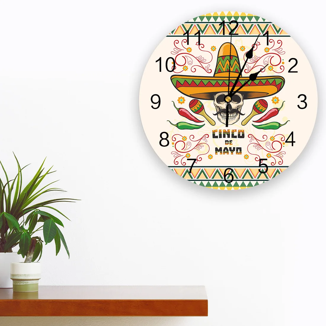 Mexican Skull Hat Party Green Print Wall Clock Wall Art Silent Non ticking Round Wall Watch for Home Decortaion Best Gift