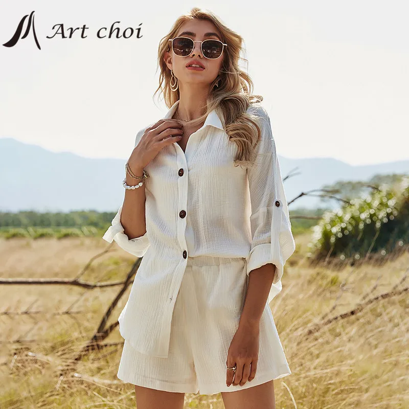 Women\'s Cotton Linen Two-Piece Suit, Long Sleeve Shirt, Shorts Outfits, Leisure Button, White, Summer, 2024