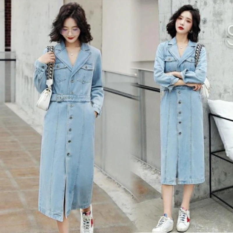 

Spring Autumn 2021 Women Long Denim Dress Fashion Turn-down Collar Long Sleeve Midi Dresses