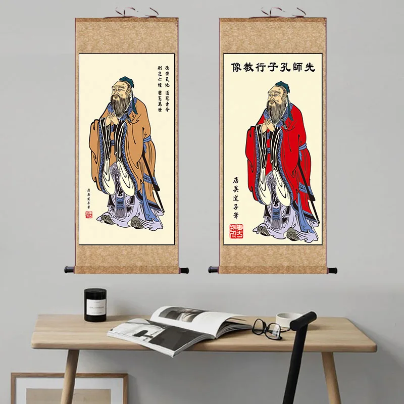 Confucius Portrait Hanging Picture for Classroom, Living Room, Nave Silk Scroll Painting, Chinese Style Home Tea, No Fading