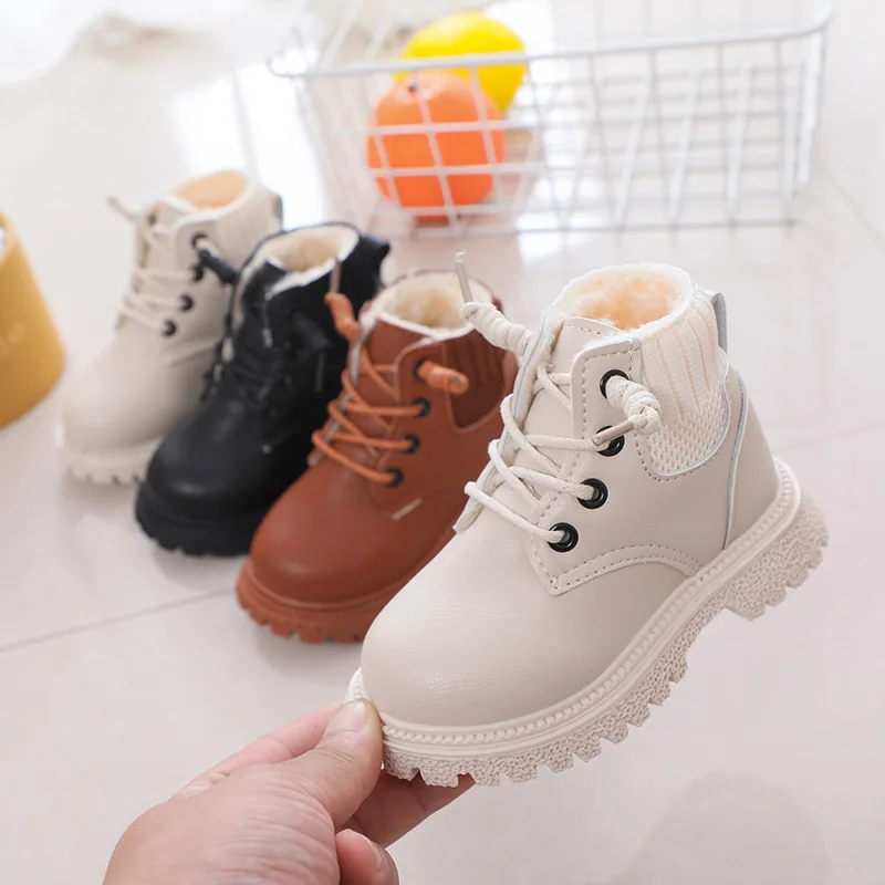 Kids Baby Girls Boots Spring/Autumn Single Shoes Fashion Cotton Shoes Children Boys Plush Boots Lace Up Velvet Winter Boots