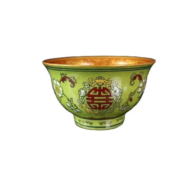 Chinese Old Porcelain Green Enamel Longevity Pattern Bowl