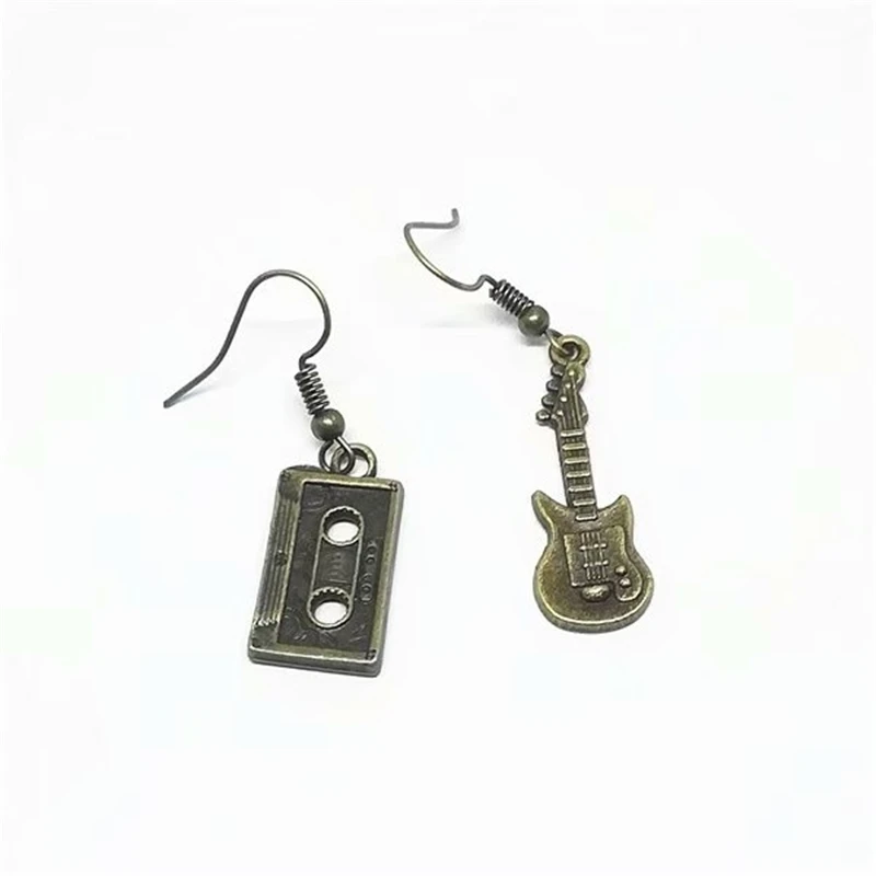 Bronze Color Guitar and Cassette Tape Dangle Earrings, Gift for Music Lovers, Vintage Dangle Earrings