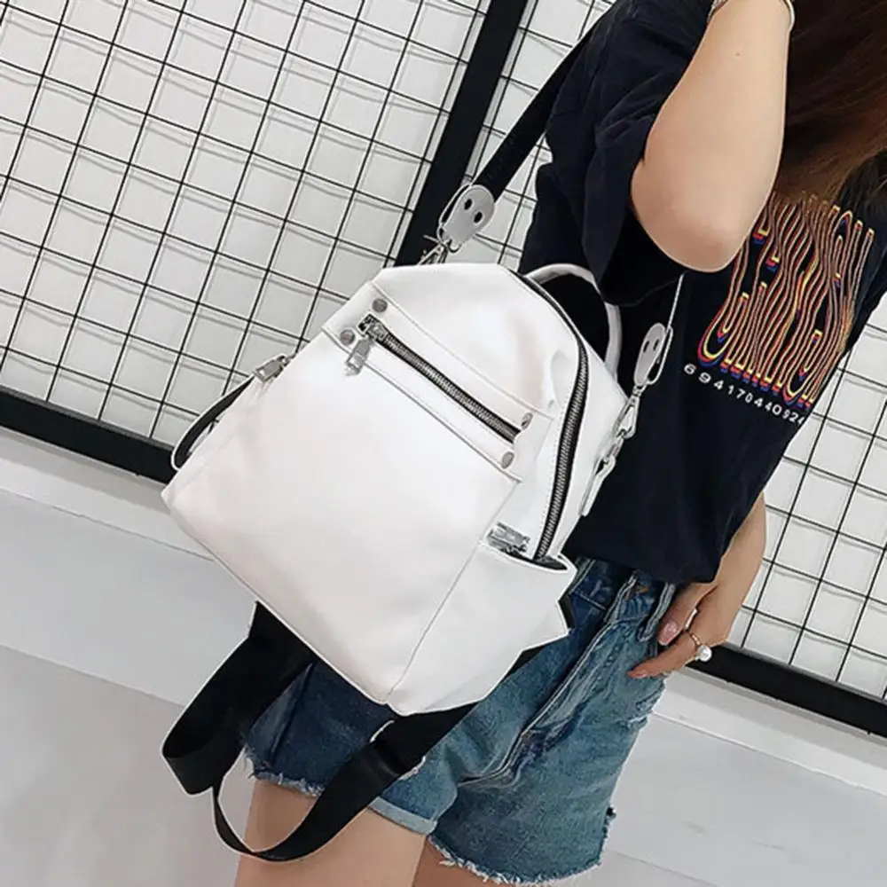 Women Soft Faux Leather Waterproof Backpack Solid Color Zipper Tote Shoulder Bag