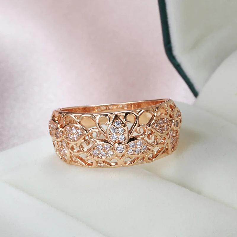 Kinel Nieuwe 585 Rose Gouden Ringen Voor Vrouwen Natuurlijke Zirkoon Bloem Ring Vintage Bruid Bruiloft Fijne Sieraden Party Gift