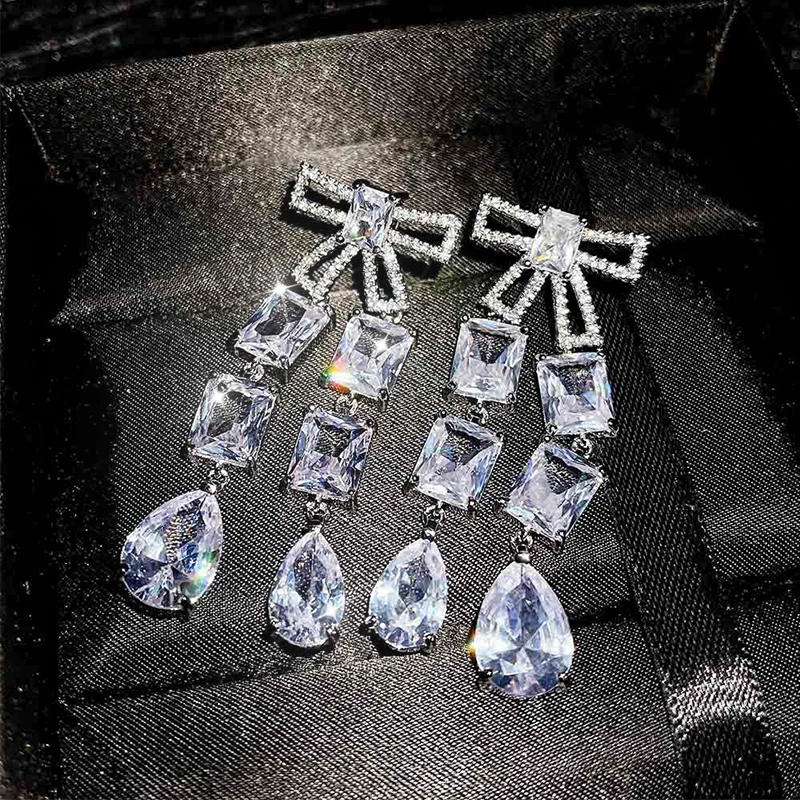 HUAMI Bow knot water drop zircon   long earrings women's trendy earrings Jewelry Set For Wedding Drop Earring  Women Gifts