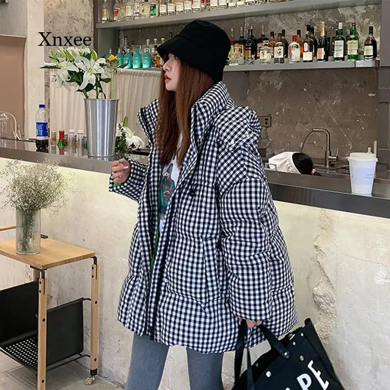 

Hooded Plaid Coat 2021 New Winter Coat Women Black White Puffer Jacket White Duck Down Parkas Thick Warm Loose Outwear Clothing