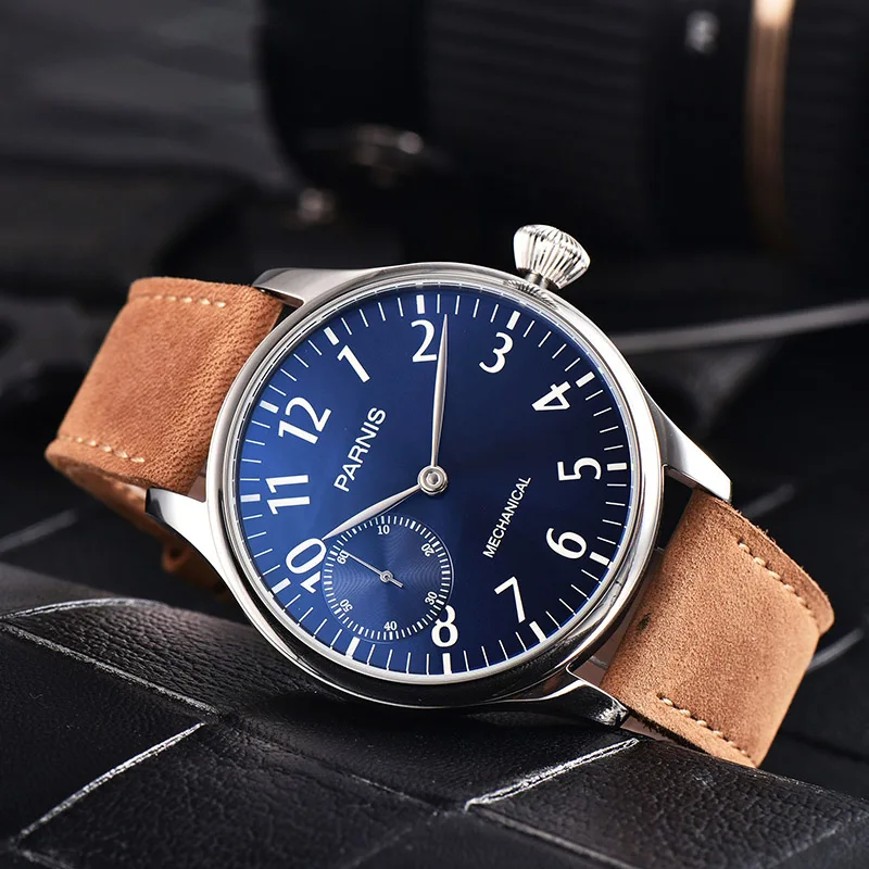 New Fashion Parnis 44mm Stainless Steel Case Mechanical Hand Winding Men Watch Leather Strap 17 Jewels Wristwatch With Box Gift