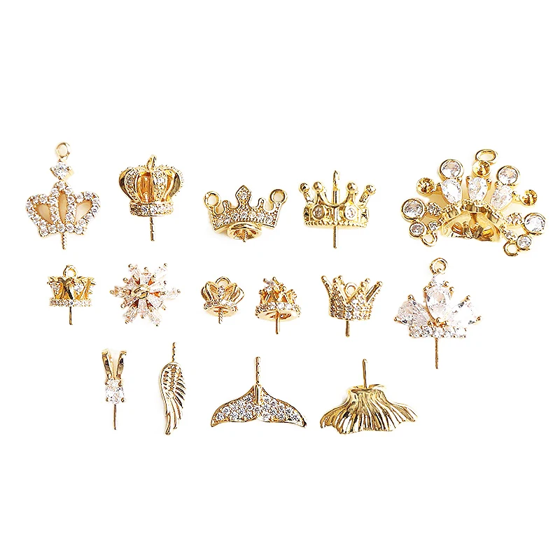 Copper plated gold crown Mermaid tail small wings with needle DIY jewelry earrings bracelet pendant making accessories materials