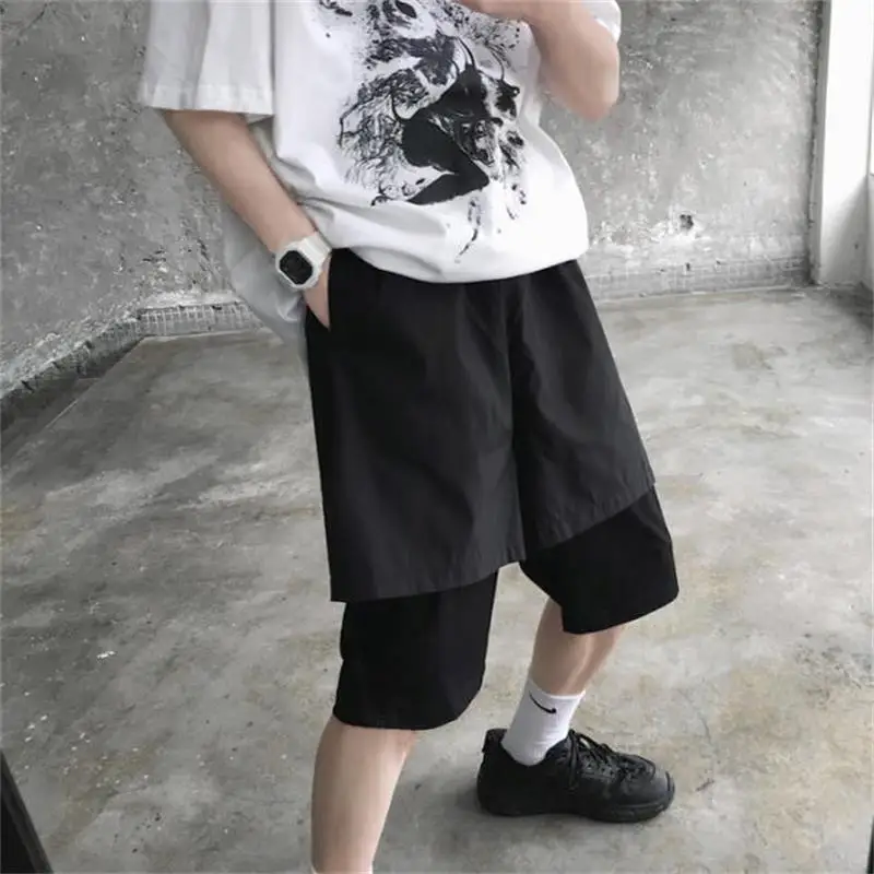 Men\'s Shorts Summer New Personality False Two Pieces Of Splicing Fashion Casual All-Match Pure Color Loose Large Size Shorts